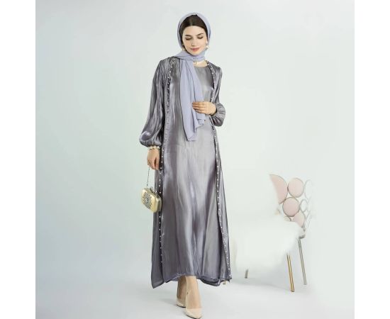 Middle East Clothing Dubai Elegant Beaded Pearls Cardigan Dress Muslim Islamic Party Abaya Gown Kimono Robe Two Pieces Sets