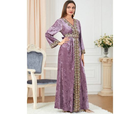 Muslim Abayas for Women Evening Party Embroidery V-neck Long Dress Middle East Velvet Fashion Robe Turkey Moroccan Gown M-2XL