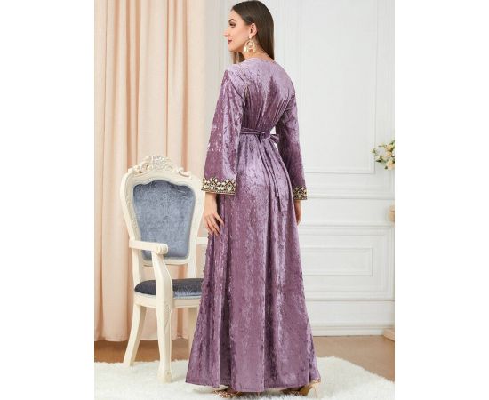 Muslim Abayas for Women Evening Party Embroidery V-neck Long Dress Middle East Velvet Fashion Robe Turkey Moroccan Gown M-2XL