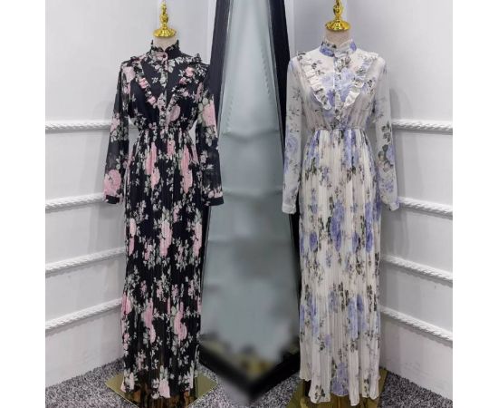 Ramadan EID Maxi Long Sleeve Dress Chiffon Floral Abaya Muslim Islamic Clothing Dubai Fashion Elegant Vestidos for Women