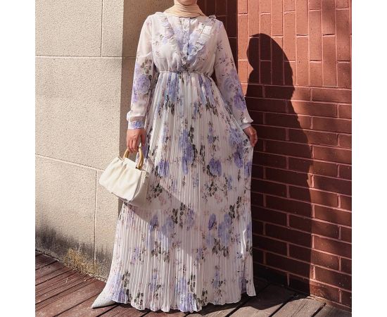 Ramadan EID Maxi Long Sleeve Dress Chiffon Floral Abaya Muslim Islamic Clothing Dubai Fashion Elegant Vestidos for Women