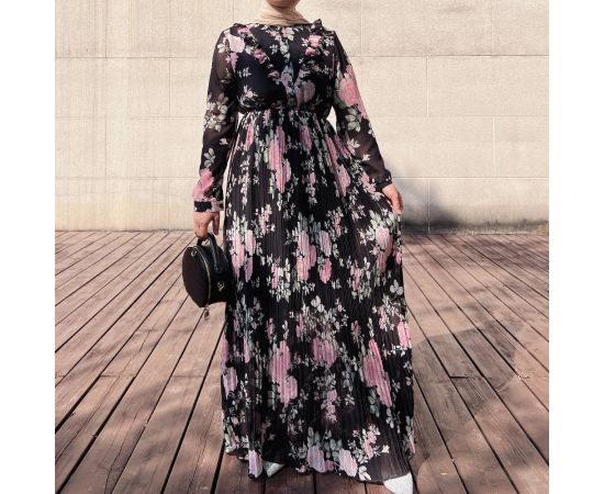 Ramadan EID Maxi Long Sleeve Dress Chiffon Floral Abaya Muslim Islamic Clothing Dubai Fashion Elegant Vestidos for Women