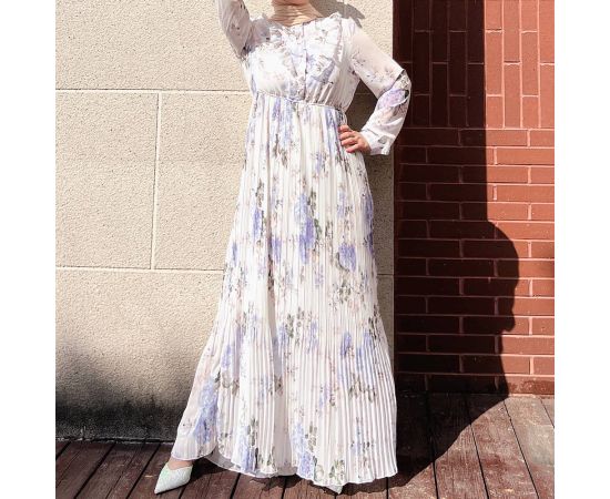 Ramadan EID Maxi Long Sleeve Dress Chiffon Floral Abaya Muslim Islamic Clothing Dubai Fashion Elegant Vestidos for Women