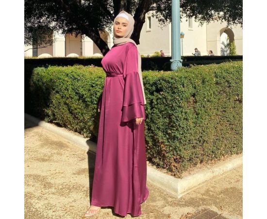 Ramadan Eid Fashion Soft Satin Dress Dubai Abaya Women Summer Long Flare Sleeve Hijab Dresses Muslim Islam Turkey Clothes Bronze