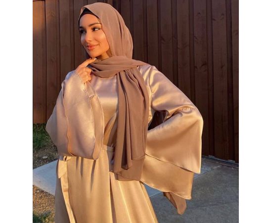 Ramadan Eid Fashion Soft Satin Dress Dubai Abaya Women Summer Long Flare Sleeve Hijab Dresses Muslim Islam Turkey Clothes Bronze