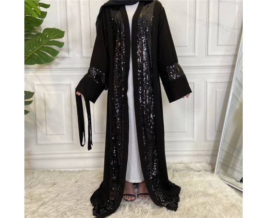 Ramadan Muslim Islamic Women Sequins Abaya Black Kimono Dress Arab Long Robe Dubai Gown Tunic Cardigan Dress S-2XL