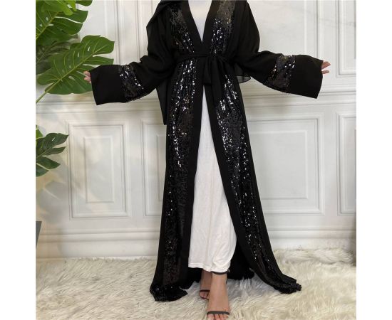 Ramadan Muslim Islamic Women Sequins Abaya Black Kimono Dress Arab Long Robe Dubai Gown Tunic Cardigan Dress S-2XL