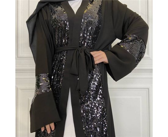 Ramadan Muslim Islamic Women Sequins Abaya Black Kimono Dress Arab Long Robe Dubai Gown Tunic Cardigan Dress S-2XL