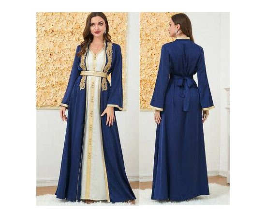 2PCS Luxury Muslim Dress Gold Embroidery Abaya Gown Dubai Party Robe for Women