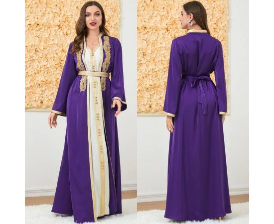 2PCS Luxury Muslim Dress Gold Embroidery Abaya Gown Dubai Party Robe for Women