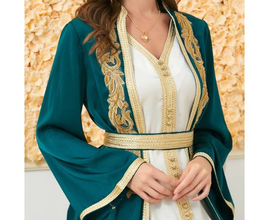 2PCS Luxury Muslim Dress Gold Embroidery Abaya Gown Dubai Party Robe for Women