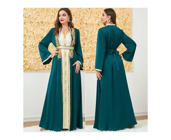 2PCS Luxury Muslim Dress Gold Embroidery Abaya Gown Dubai Party Robe for Women