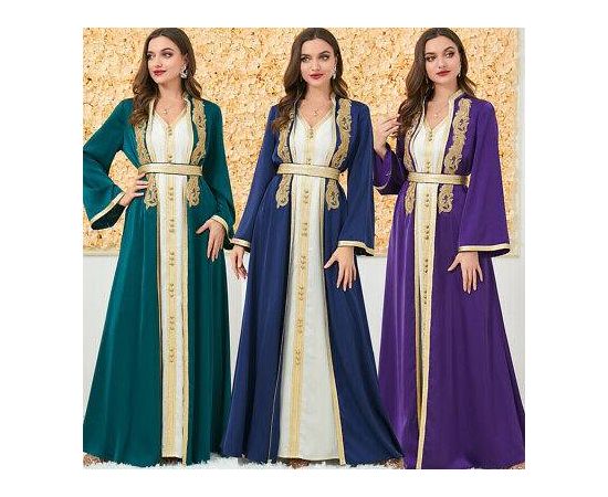 2PCS Luxury Muslim Dress Gold Embroidery Abaya Gown Dubai Party Robe for Women