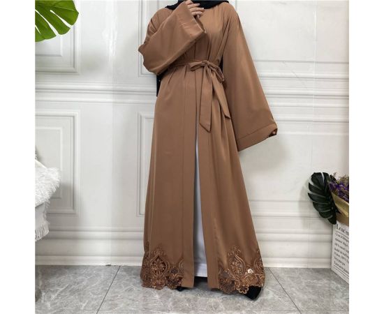 Dubai Kimono Sleeve Cardigan Women Open Front Robe Muslim Islamic Lace Abaya Kaftan With Belted Ramadan Dress