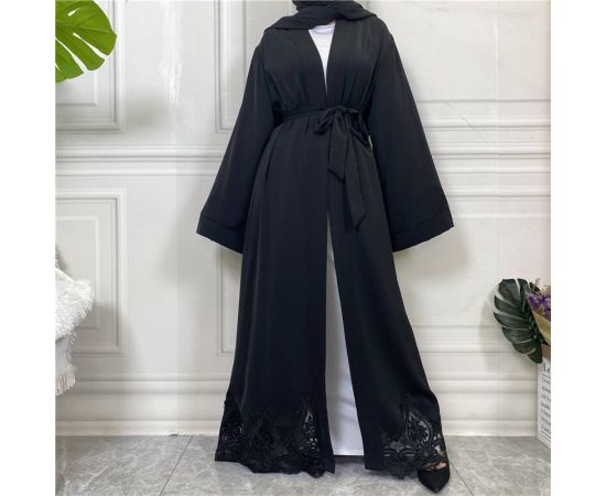 Dubai Kimono Sleeve Cardigan Women Open Front Robe Muslim Islamic Lace Abaya Kaftan With Belted Ramadan Dress