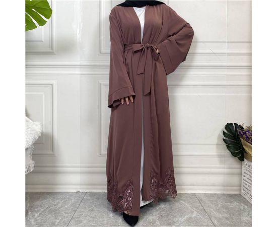 Dubai Kimono Sleeve Cardigan Women Open Front Robe Muslim Islamic Lace Abaya Kaftan With Belted Ramadan Dress