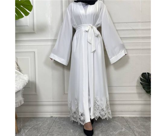 Dubai Kimono Sleeve Cardigan Women Open Front Robe Muslim Islamic Lace Abaya Kaftan With Belted Ramadan Dress