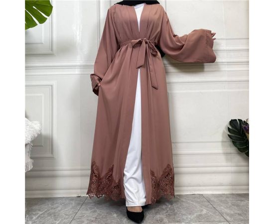 Dubai Kimono Sleeve Cardigan Women Open Front Robe Muslim Islamic Lace Abaya Kaftan With Belted Ramadan Dress