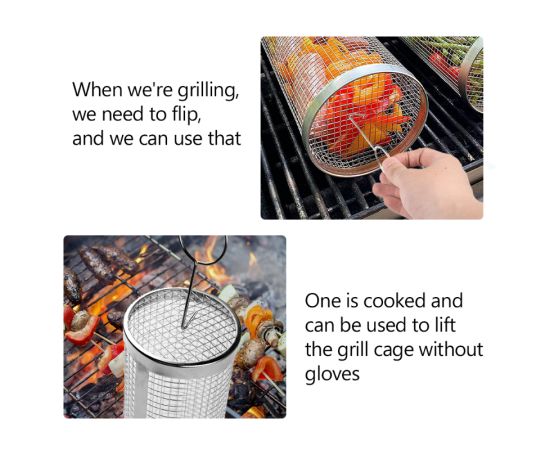 New Barbecue Cage Net Stainless Steel BBQ Rack with Anti Scalding Hook Loop Baking Fork for Meat Fish Shrimp Vegetable
