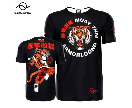 Tiger Muay Thai Shorts MMA Rashguard Boxing Uniform Black Kickboxing Training Shorts T-Shirt Men Kids Martial Arts Fight Suit