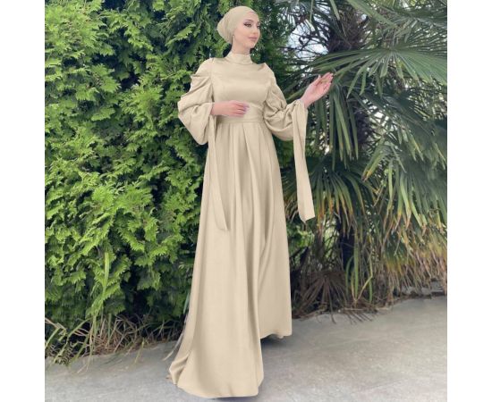 Vintage Puff Sleeve Evening Party Satin Dress Women Muslim Islamic Clothes Arab Abaya Kaftan Dubai Gown Female Long Dresses