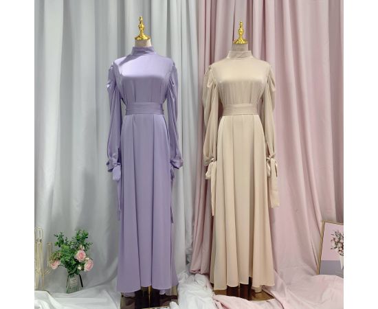 Vintage Puff Sleeve Evening Party Satin Dress Women Muslim Islamic Clothes Arab Abaya Kaftan Dubai Gown Female Long Dresses