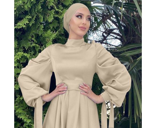 Vintage Puff Sleeve Evening Party Satin Dress Women Muslim Islamic Clothes Arab Abaya Kaftan Dubai Gown Female Long Dresses