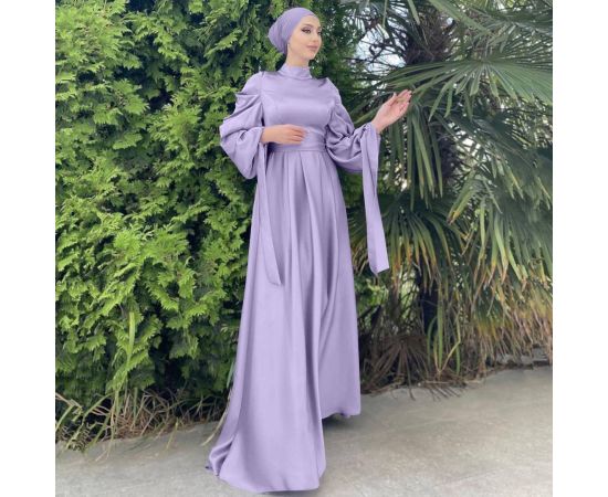 Vintage Puff Sleeve Evening Party Satin Dress Women Muslim Islamic Clothes Arab Abaya Kaftan Dubai Gown Female Long Dresses